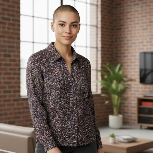 🌸 Talbots Petites Silk Blouse 8P Multicolor Abstract Print Button Down Top - Picture 2 of 15